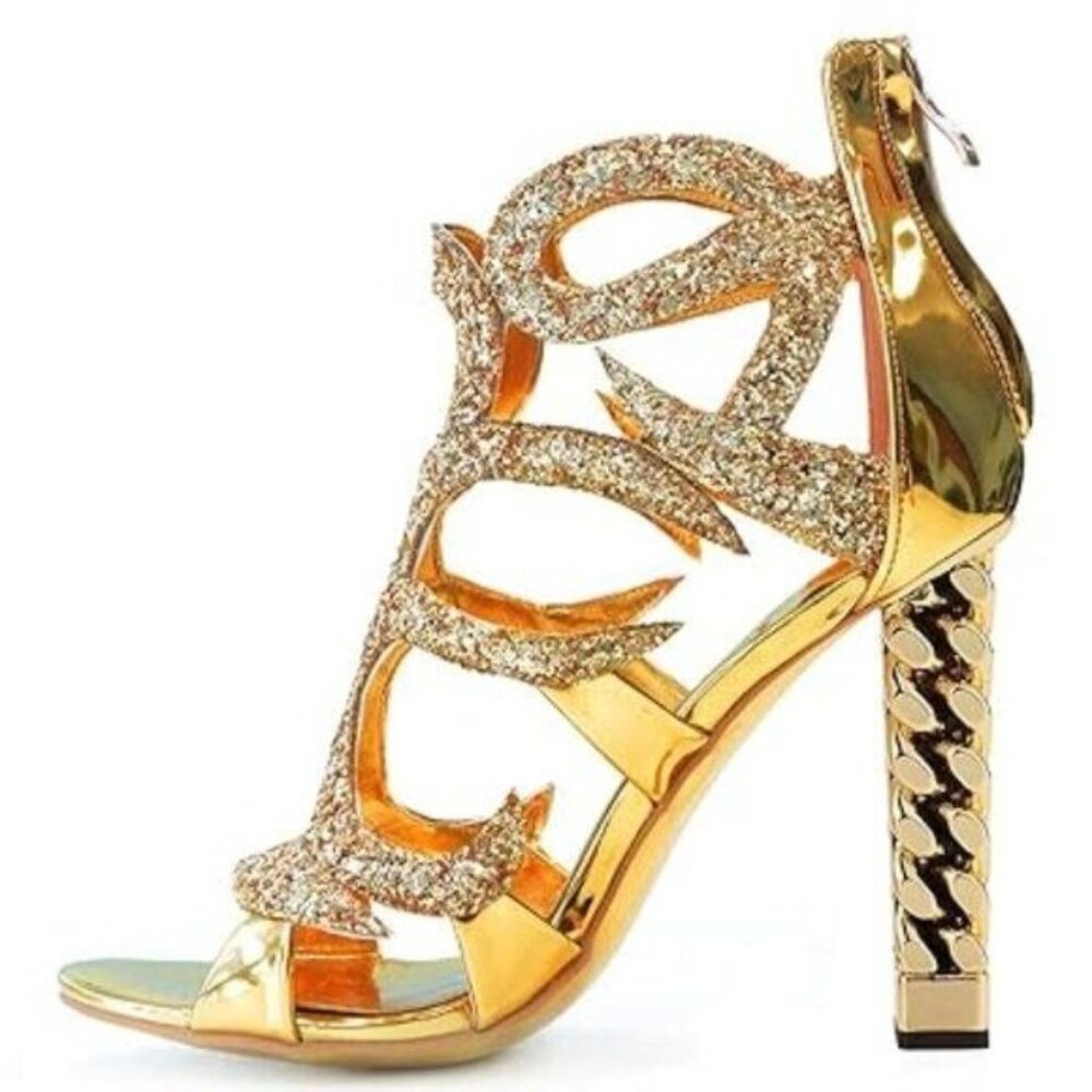 FSJ Glod Women Gold Metal Chain Thick High Heel Sandals Open Toe Strappy